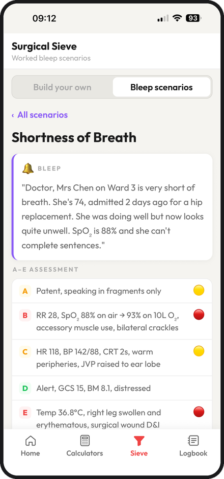 A worked bleep scenario with the call transcript and an A to E assessment