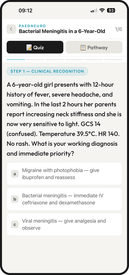 A paediatric meningitis case in bleep oncall, asking for the working diagnosis and immediate priority